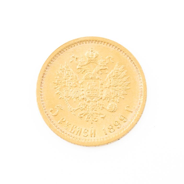Guldmynt, Nikolaij II, Ryssland, 5 Rubel, 1899.