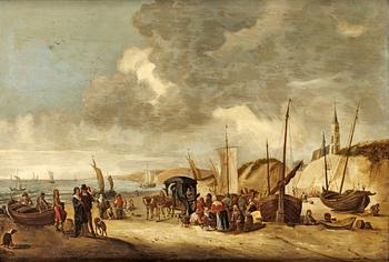 340. Hendrik de Meyer Hans krets, Kustlandskap med rastande sällskap på strand med staden Scheveningen i bakgrunden.