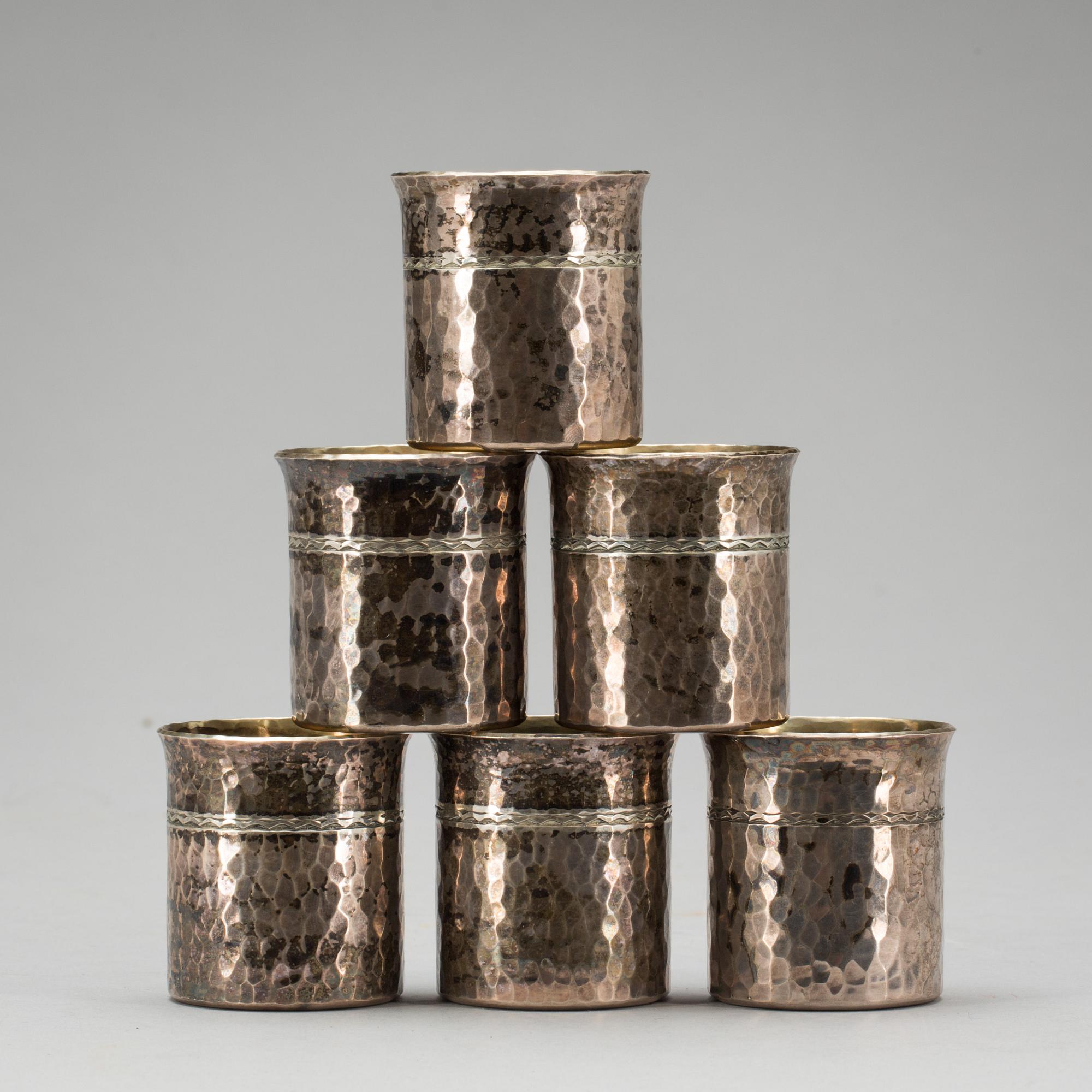 PUNSCHMUGGAR, 6 st, silver, Eric Råström, Stockholm, 1981. Total vikt ca 350 g.