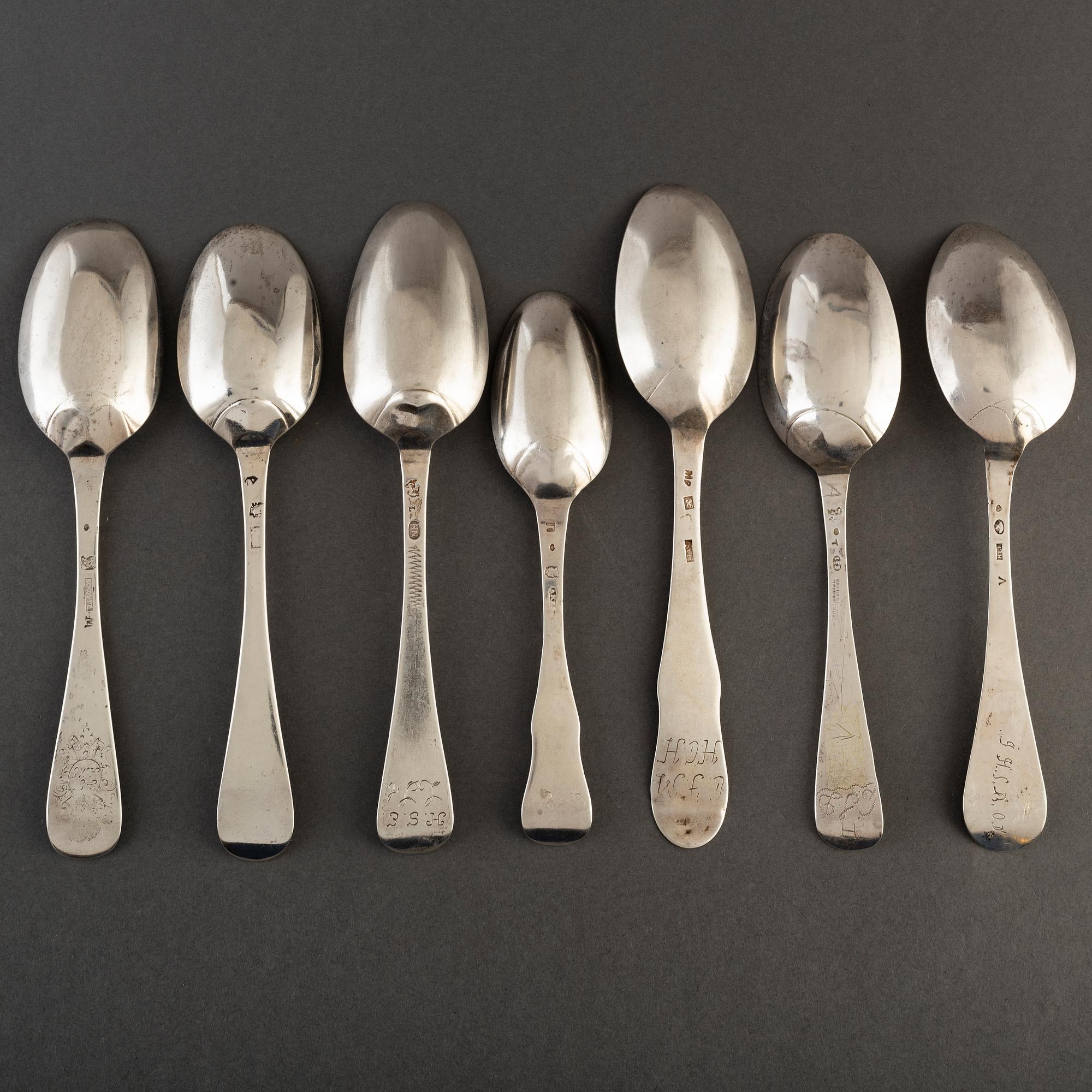 7 silver spoons, 18th century. One by Alexander Prytz, Strängnäs 1794.