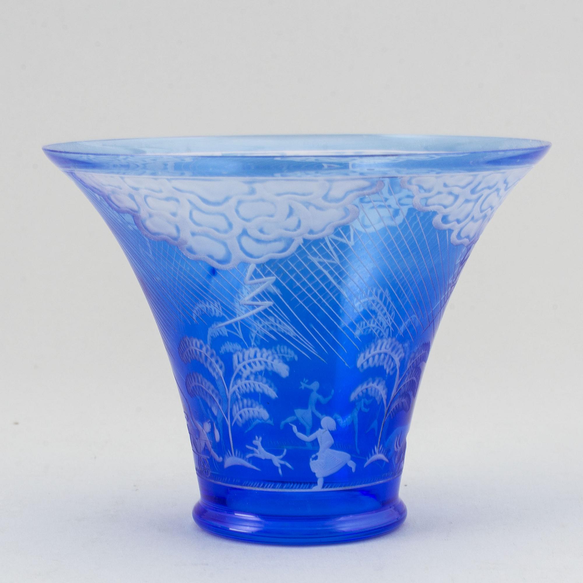 Edward Hald, a "Thunderstorm" engraved blue glass bowl, Orrefors, Sweden 1976.