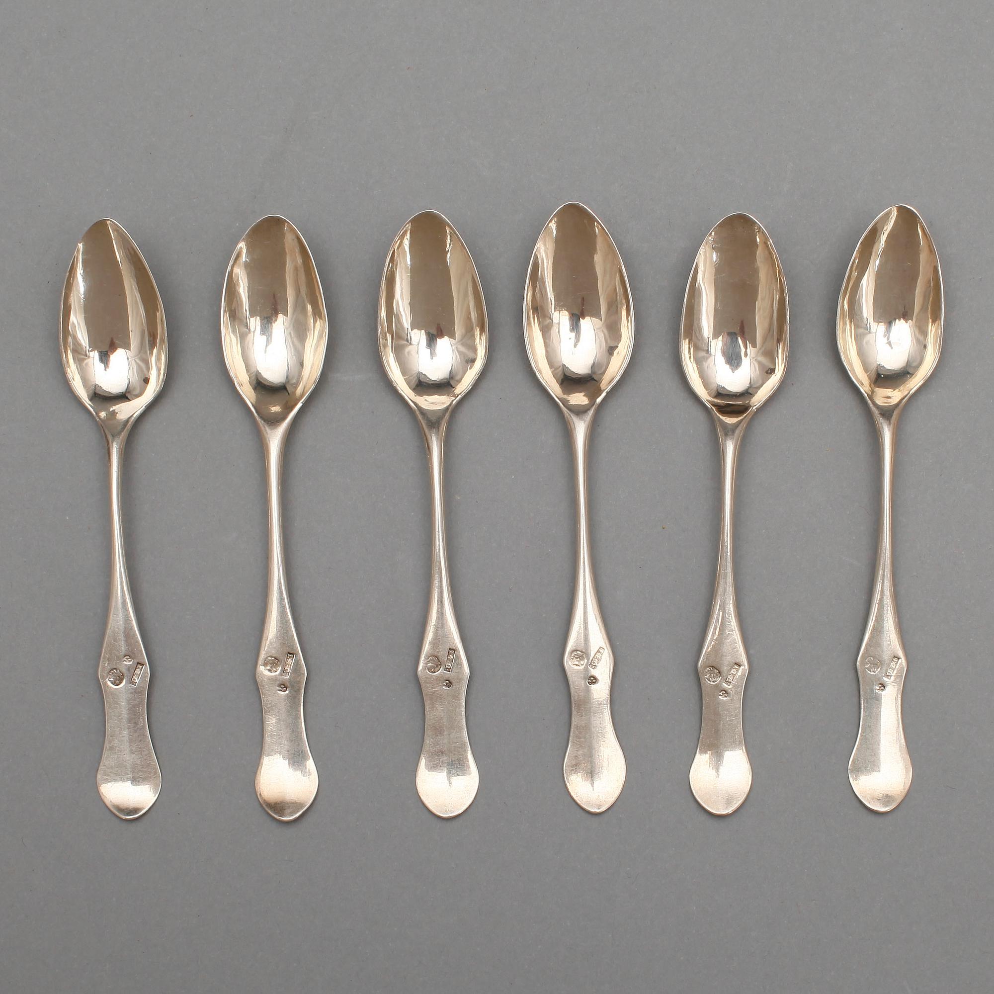 TESKEDAR, 6 st, silver, Erik Edquist, Torshälla 1803-1817. Total vikt 74 gram.