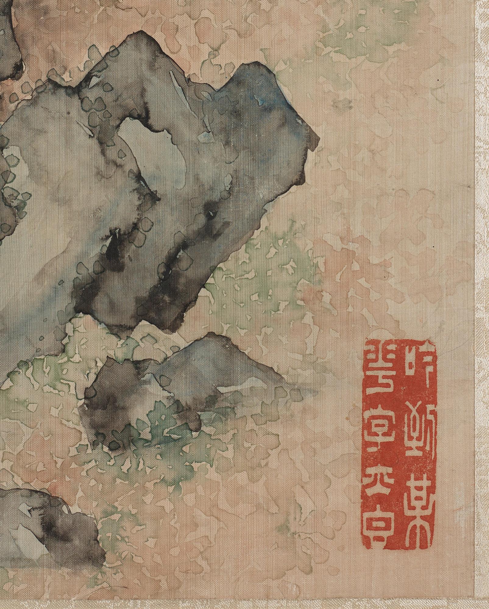 MÅLNING, blommande prunus och fåglar, Qu Zhaolin (1866-1937), signerad.