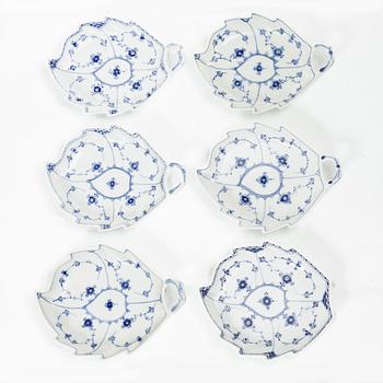 Royal Copenhagen, Six Leaf-shaped 'Musselmalet' dishes, Denmark, 20th century.