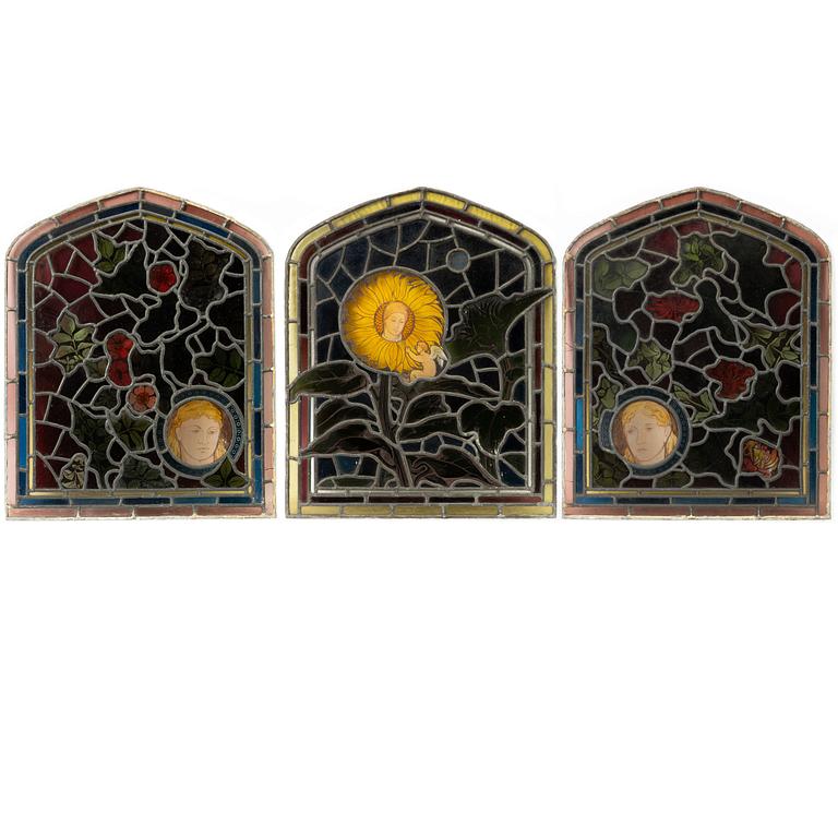 Three stained glass windows, England, circa 1900.