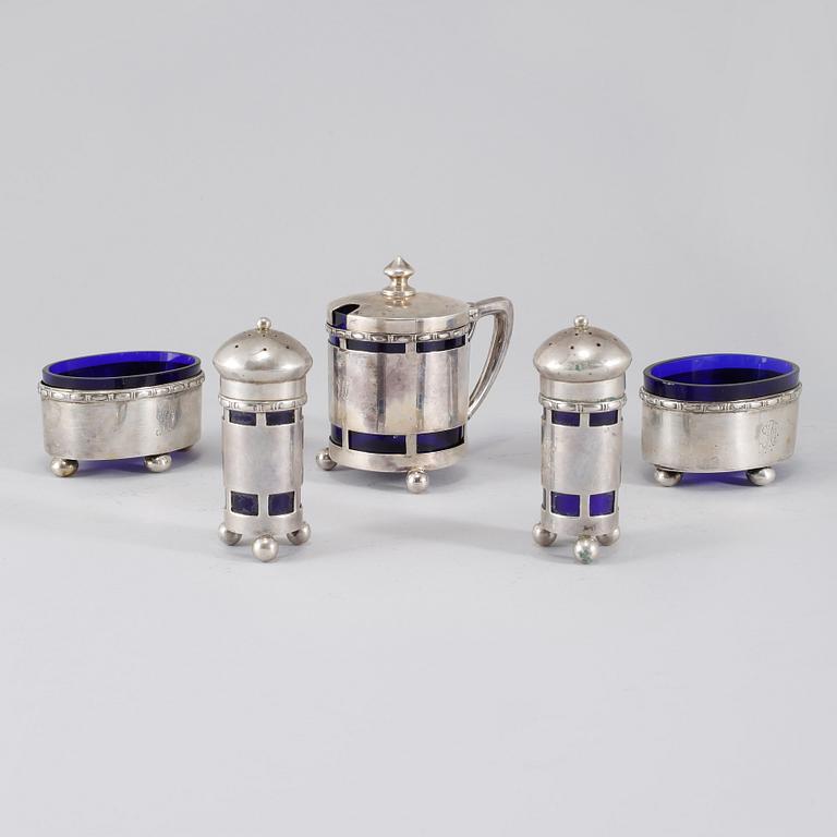 KRYDDSET, 5 delar, silver och glas, A D Lff, Göteborg, 1930-tal.