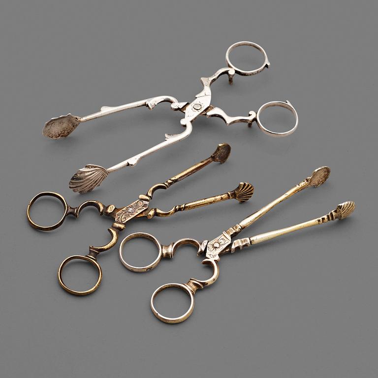 Three Rococo 18th century sugar-tongs.