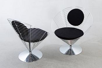 Verner Panton,chairs a pair and table, "Wire Cone", Fritz Hansen, 1988.