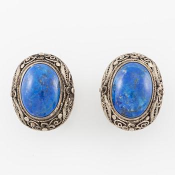 Necklace and earrings, silver with lapis lazuli.