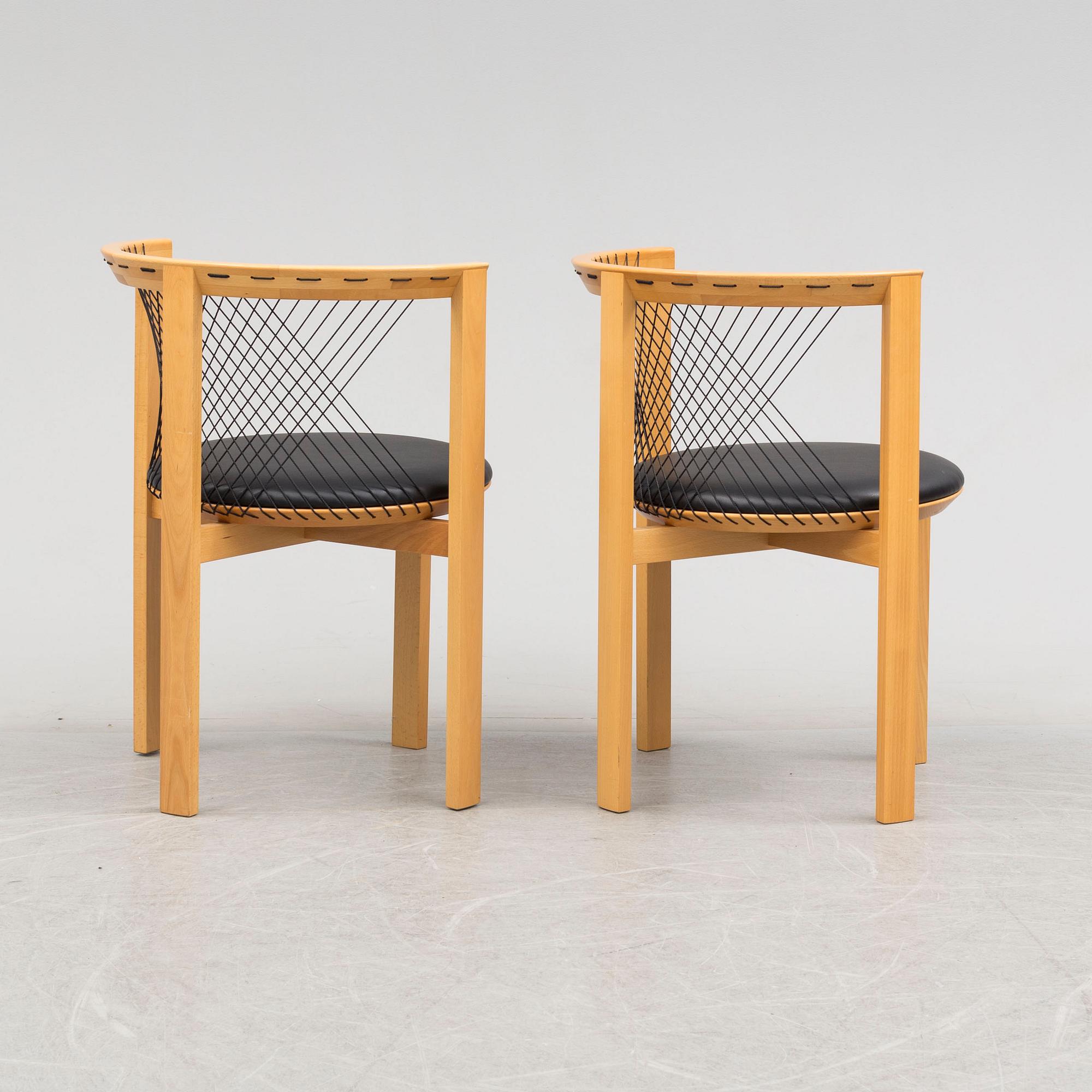 a pair of 'String Chairs' by Niels Jörgen Haugensen, Tranekaer Furniture, Denmark, late 20th century.