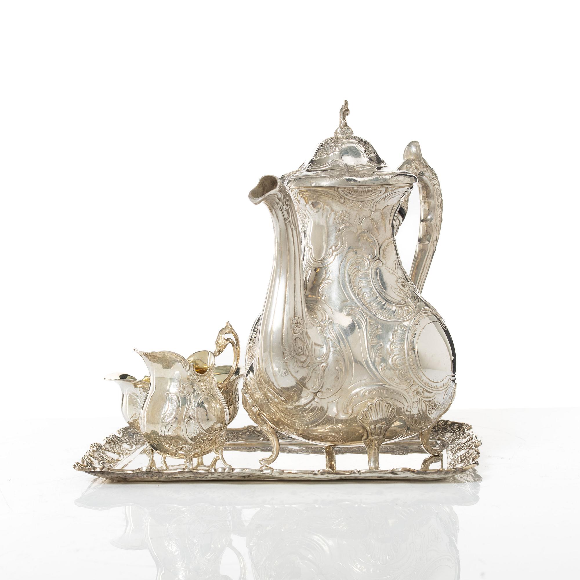 Kaffeservis, 4 delar, silver, GEWE, Malmö 1965-1970. Rokokostil.