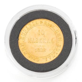Guldmynt, Storhertigdömet Finland, Alexander III, 10 Markka 1882.