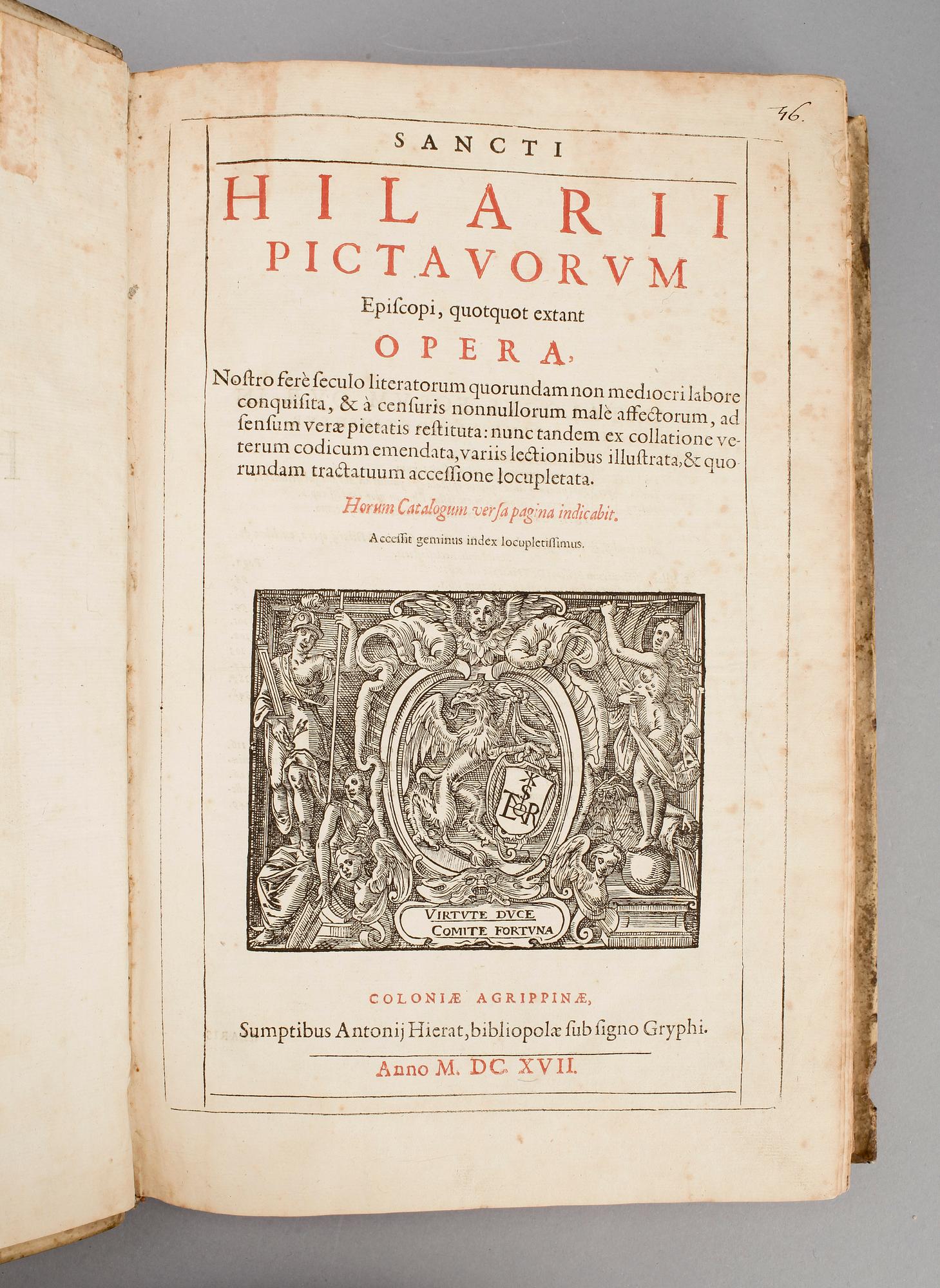 BÖCKER, 2 sambundna, "Sancti Hilarii pictavorum...opera" resp "S. Caecilii Cypriani Carthaginiensis...", Köln 1617.
