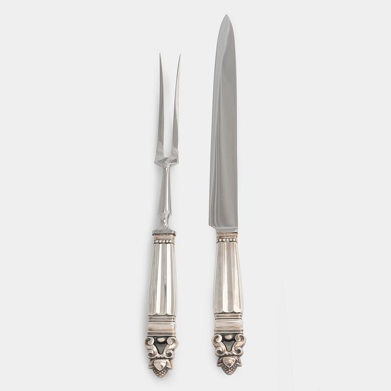 Johan Rohde, a 'Konge/Acorn' sterling silver and steel carving set for Georg Jensen, Denmark. Original box. After 1945.