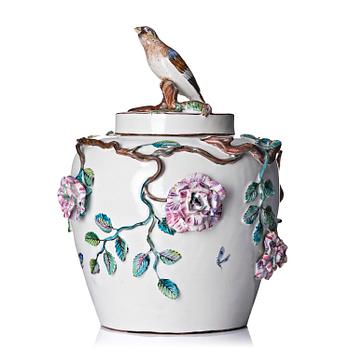 456. A large Swedish Marieberg faience jar with cover, dated 1765.