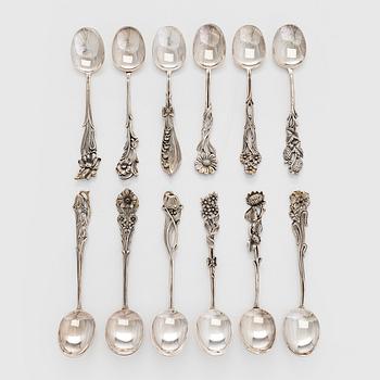 Kahvilusikoita, 12 kpl, hopeaa, "Svenska Floran", 1970-luku.