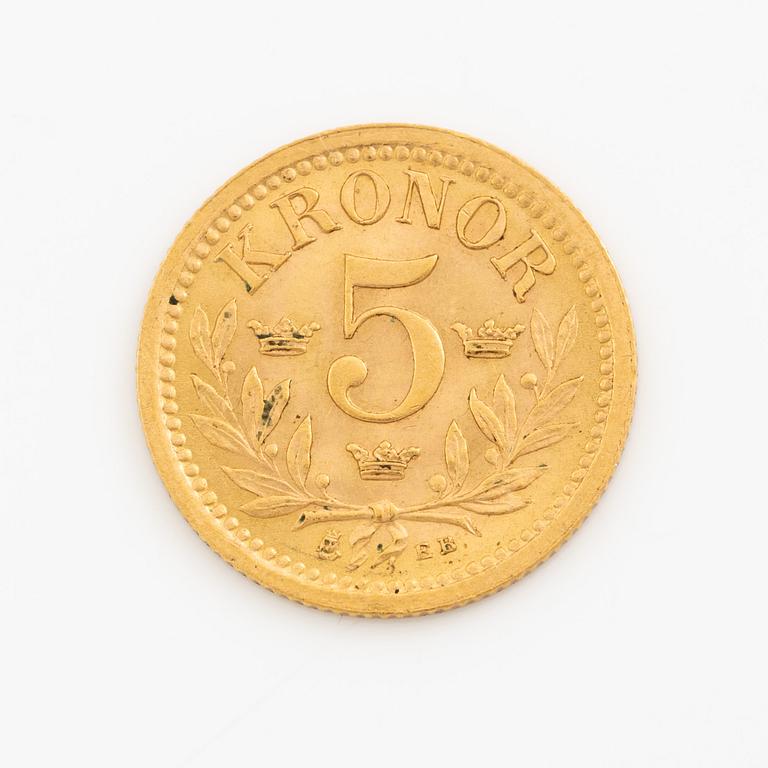 Gold coin, Sweden, Oscar II 5 kr, 1901.