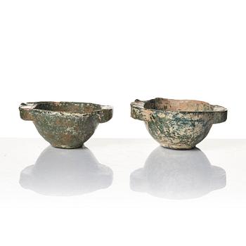 Two green glazed beakers, Han dynasty (206 B.C. - 220 A.D).