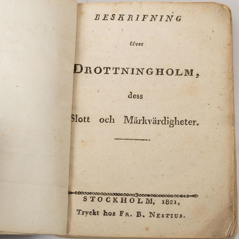 Samling äldre böcker, 8 st, mestadels om Drottningholm, 1700-1800-tal.