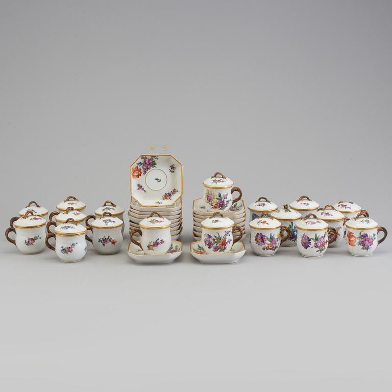 A set of 18 Royal Copenhagen Saxon Flower 1542 Custard Cups with Lids and Saucers.