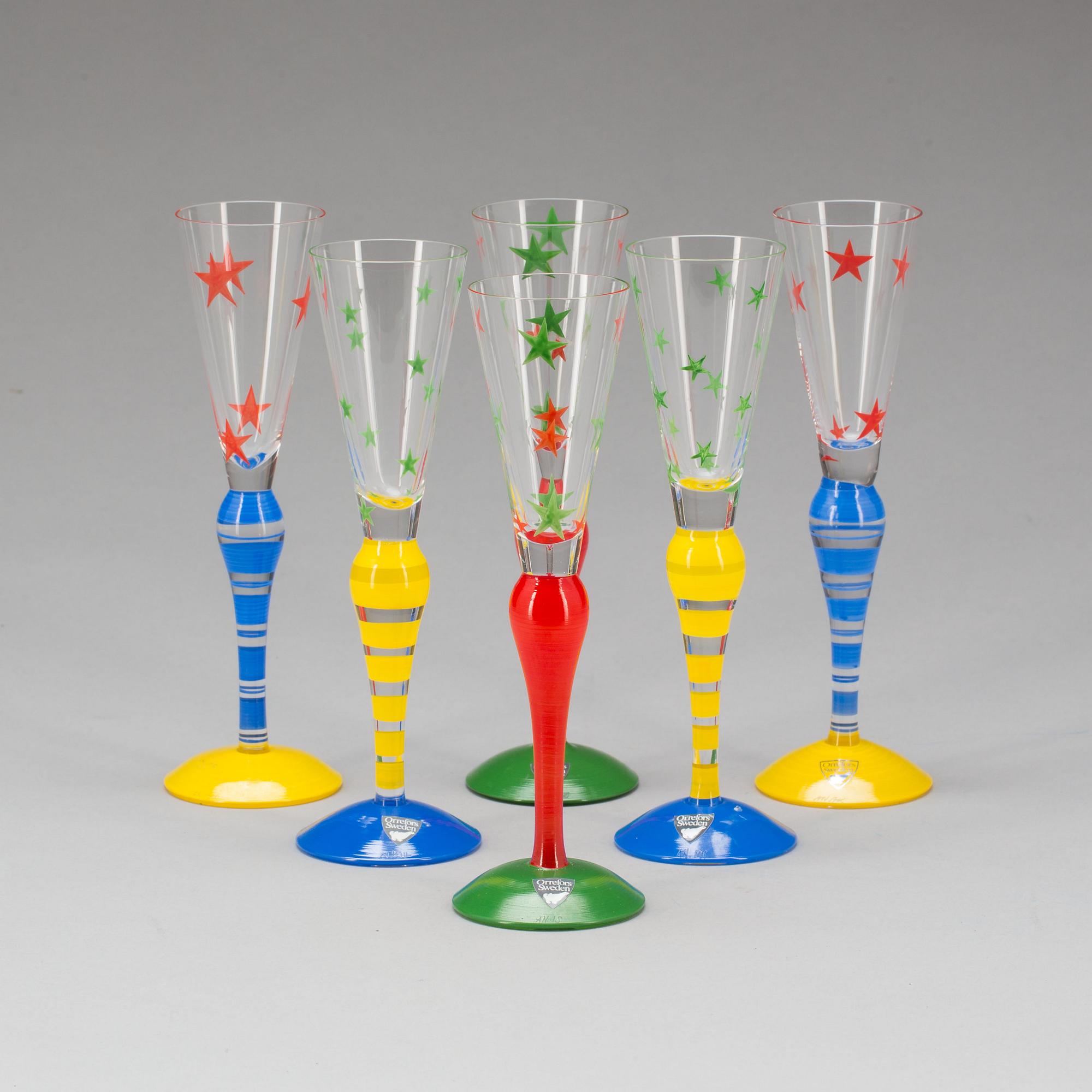 SNAPSGLAS, 6 st. Glas. "Clown", Anne Nilsson, Orrefors, signerade.
