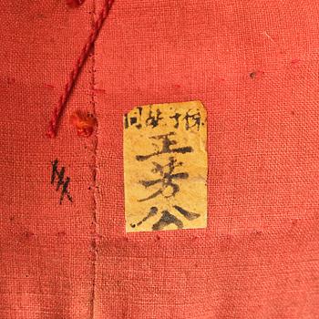 Two boxes with a mandarin's summer hat and black satin autumn hat and feather with six mandarin hat insignias.