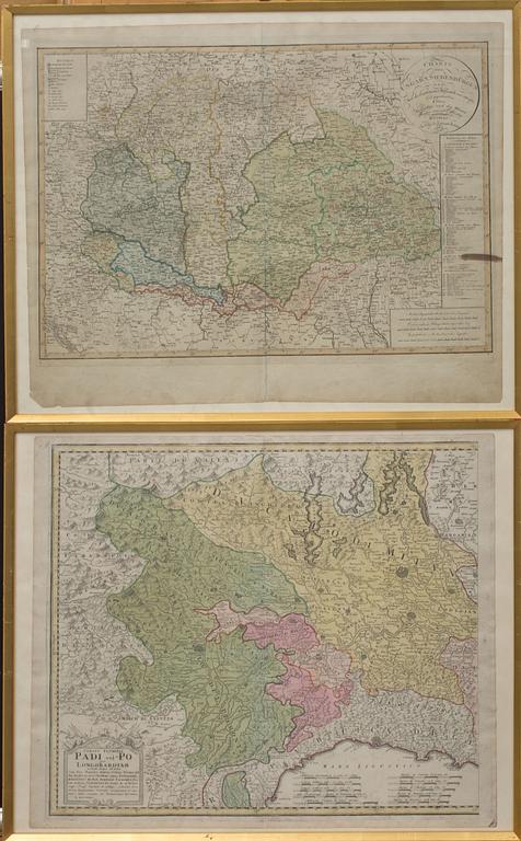 KARTOR, 2 st, kolorerade, "Longobardiem" 1735 resp. "Ungarn Siebenbürgen" .