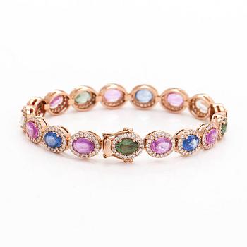 A multi colour sapphire and diamond bracelet in 14K rosegold.