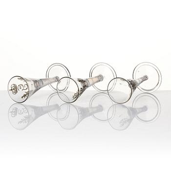A set of six glasses and a bottle, Sweden, 18th century with King Gustavus IIIs monogram.