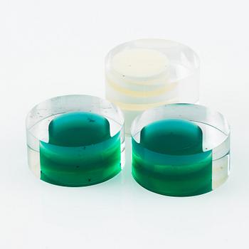 Siv Lagerström, three rings, and three sculptures, acrylic plastic, 1970s.
