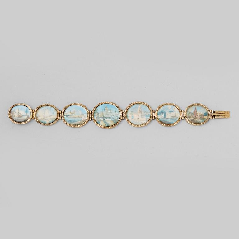 Indian miniatures inserted in a silver-gilt bracelet, marked AL, Stockholm 1859.