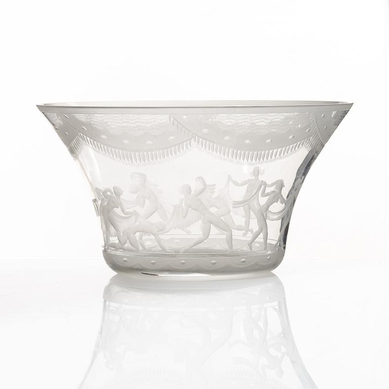 Simon Gate, a bowl, "Slöjdansen", Orrefors, Sweden, early 20th century.