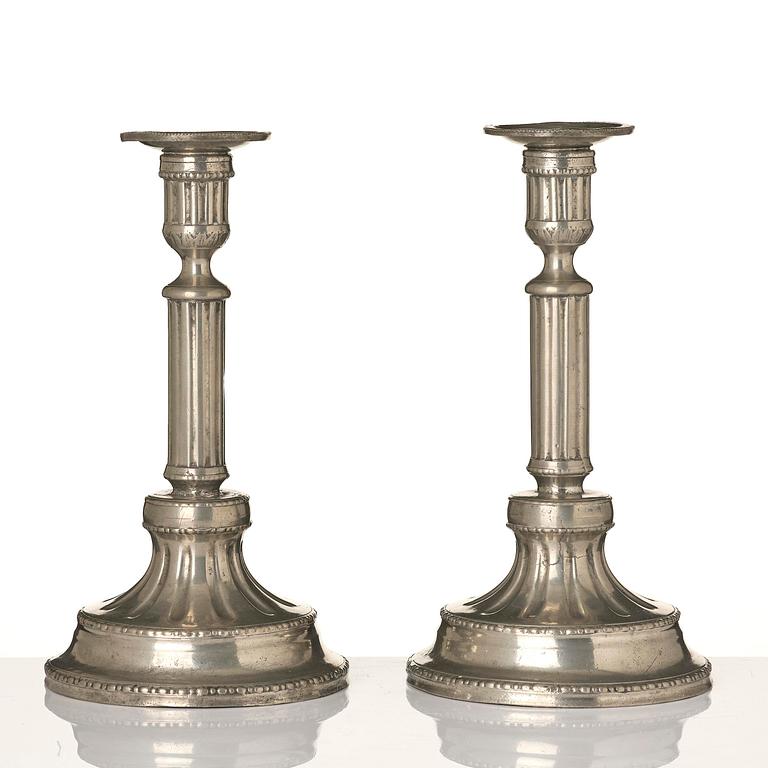 A pair of Gustavian pewter candlesticks by P. Gillman, Stockholm 1786.