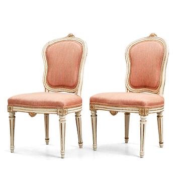 Gustaviansk, A pair of Gustavian 1780's chairs attributed to Jacob Malmsten (master in Stockholm 1780-1788).