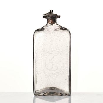 Brännvinsflaska, glas. Limmareds glasbruk, sent 1700-tal/tidigt 1800-tal.