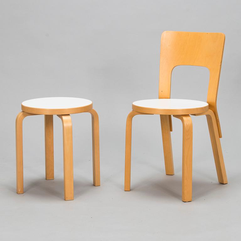 Alvar Aalto, tuoleja 4 kpl, malli 66 ja jakkara  malli E60, 1900-luvun loppu.