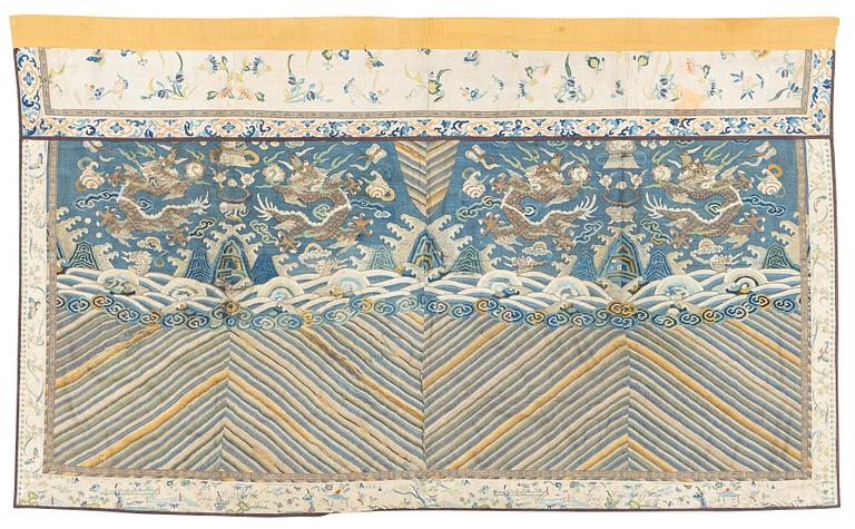 A Chinese five clawed dragon embroidered silk altar cloth, Qing dynasty, 19th century.