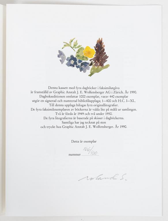 Roland Svensson, kasett med 4 färglitografier, signerade 166/400 samt fyra dagböcker i faksimil, 1990.