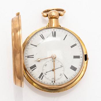 Taskukello, 52 mm, 18K kultaa, John Moncas, Liverpool, 1800-luvun ensimmäinen puolisko.