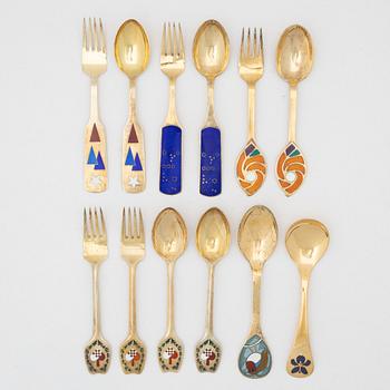 Danish Christmas cutlery/annual cutlery, 12 pieces, gilded sterling silver and enamel, Anton Michelsen and Georg Jensen,