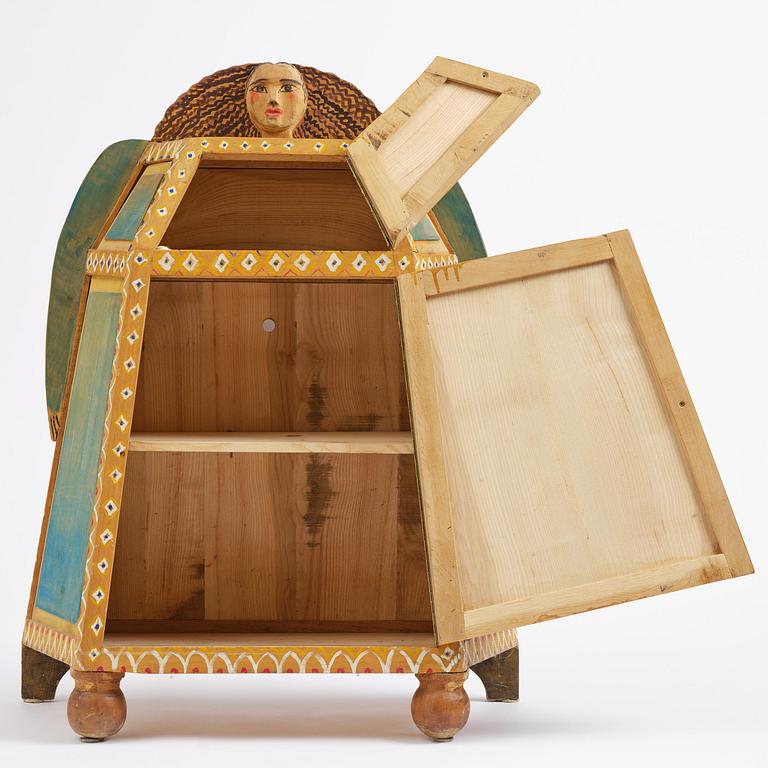 Gérard Rigot, a painted and carved oak cabinet, exectued in his studio, France, second half of the 20th century.
