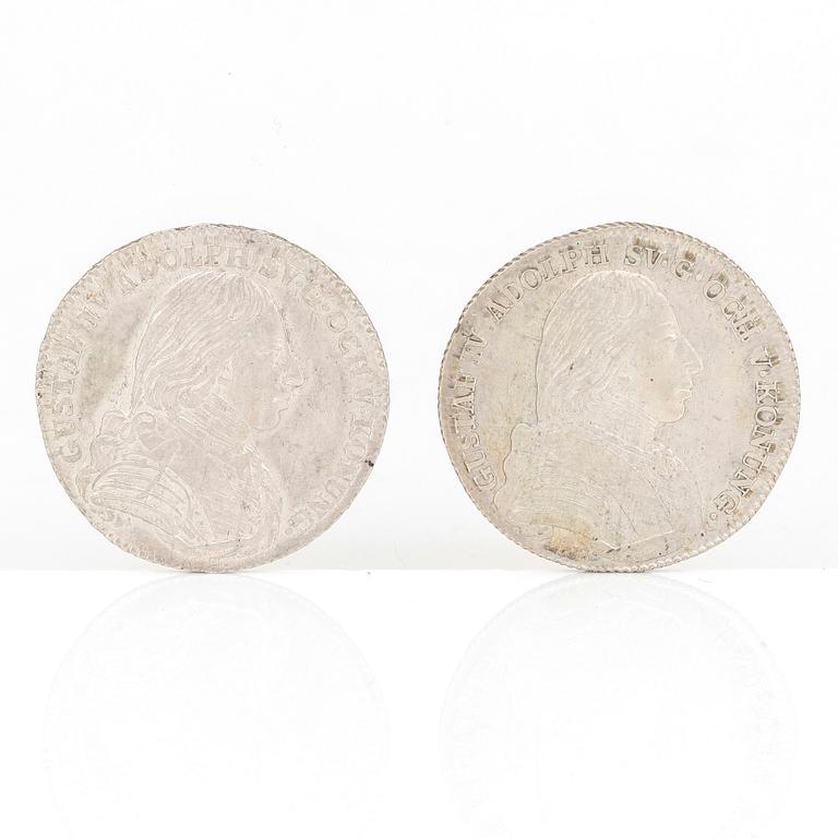 SILVERMYNT, 2 st, 1/6 Riksdaler, Gustav IV Adolf, Sverige 1801 resp 1805. Vikt tot ca 12 gram.