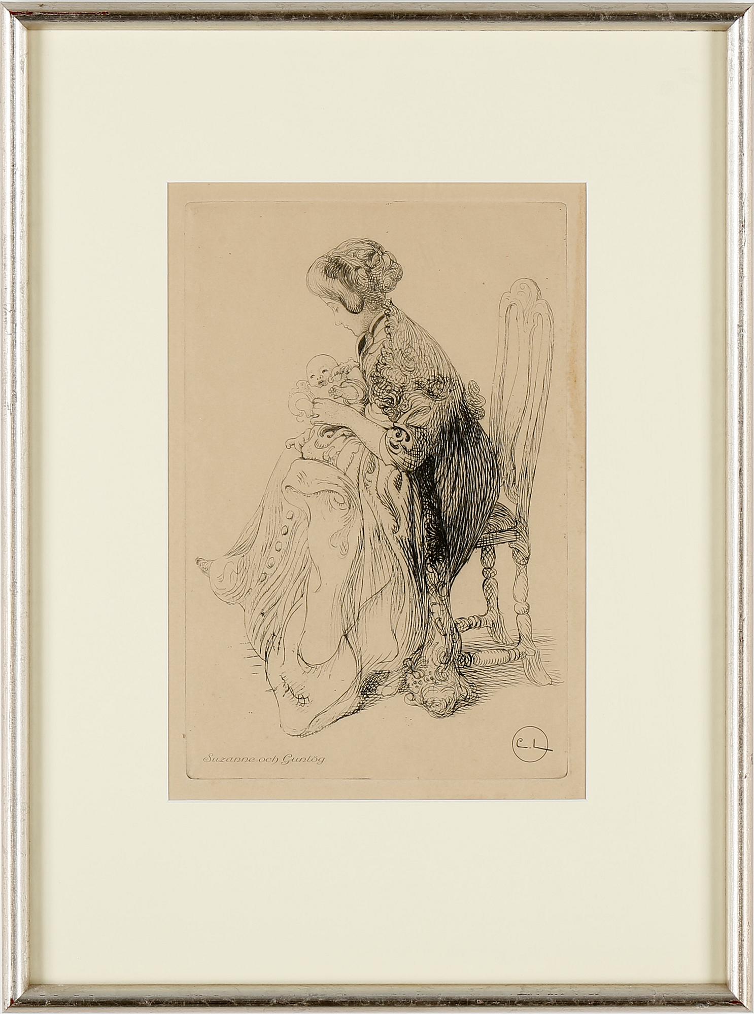 CARL LARSSON, etsningar, 2 st. En signerad i plåt.
