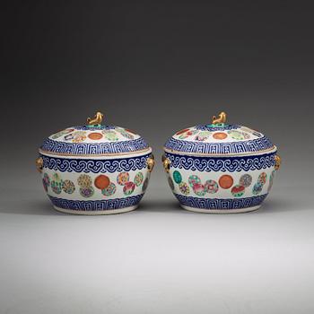 A pair of famille rose and blue enamel tureens with covers, late Qing dynasty.