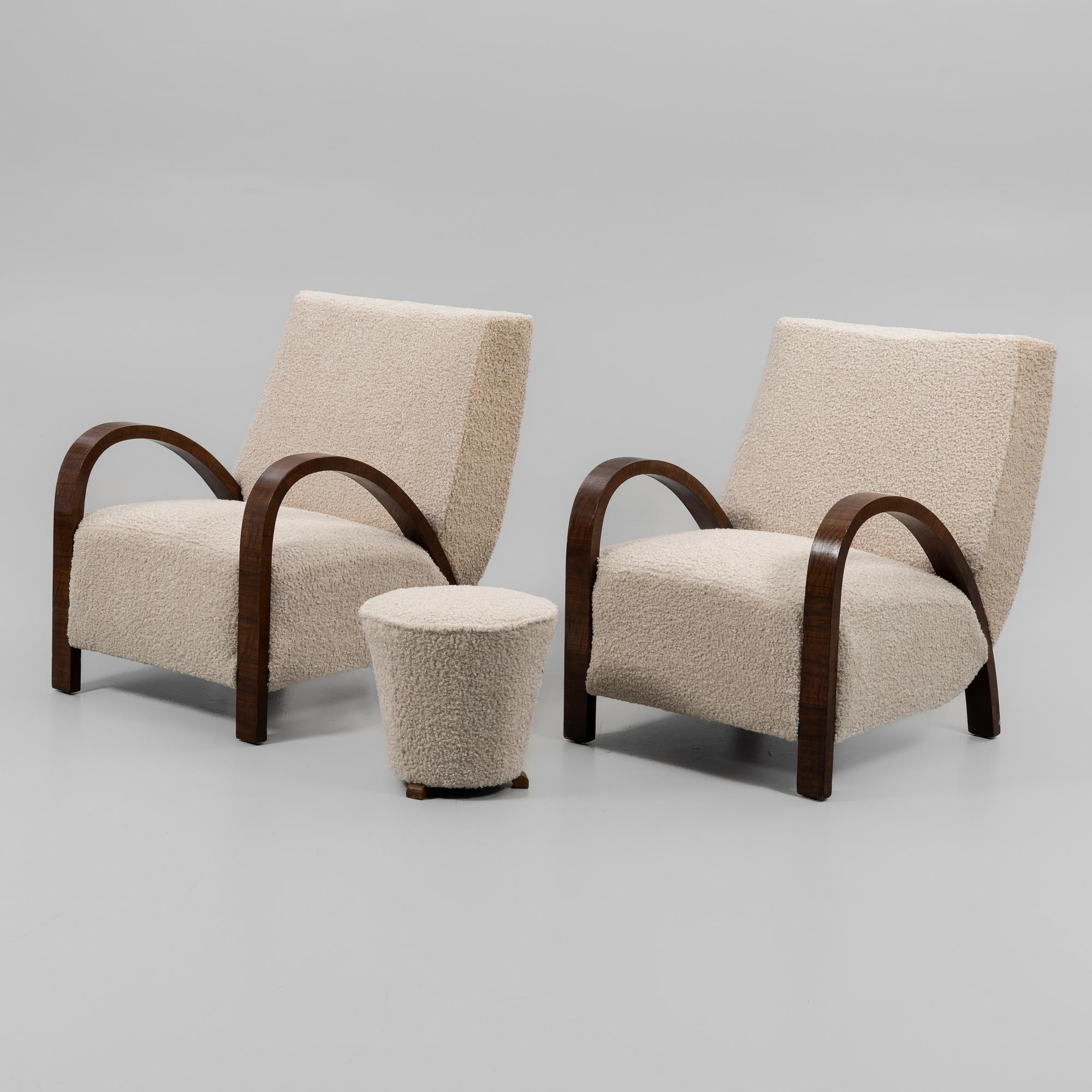 Armchairs, a pair, with footstool, Art Deco, first half of the 20th century.