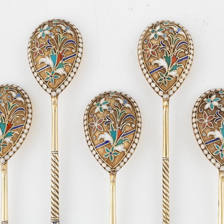 Eight Russian gilded silver and enamel spoons, Moscow, 1896-1908.