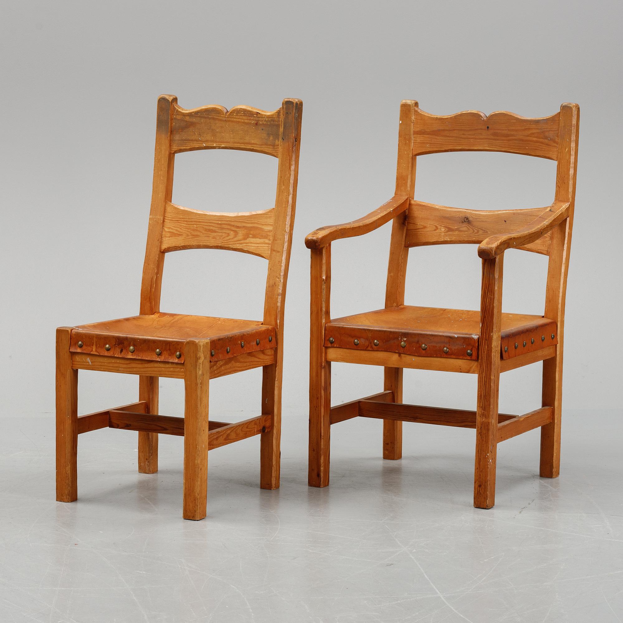 Six pine chairs, mid 20th Century.