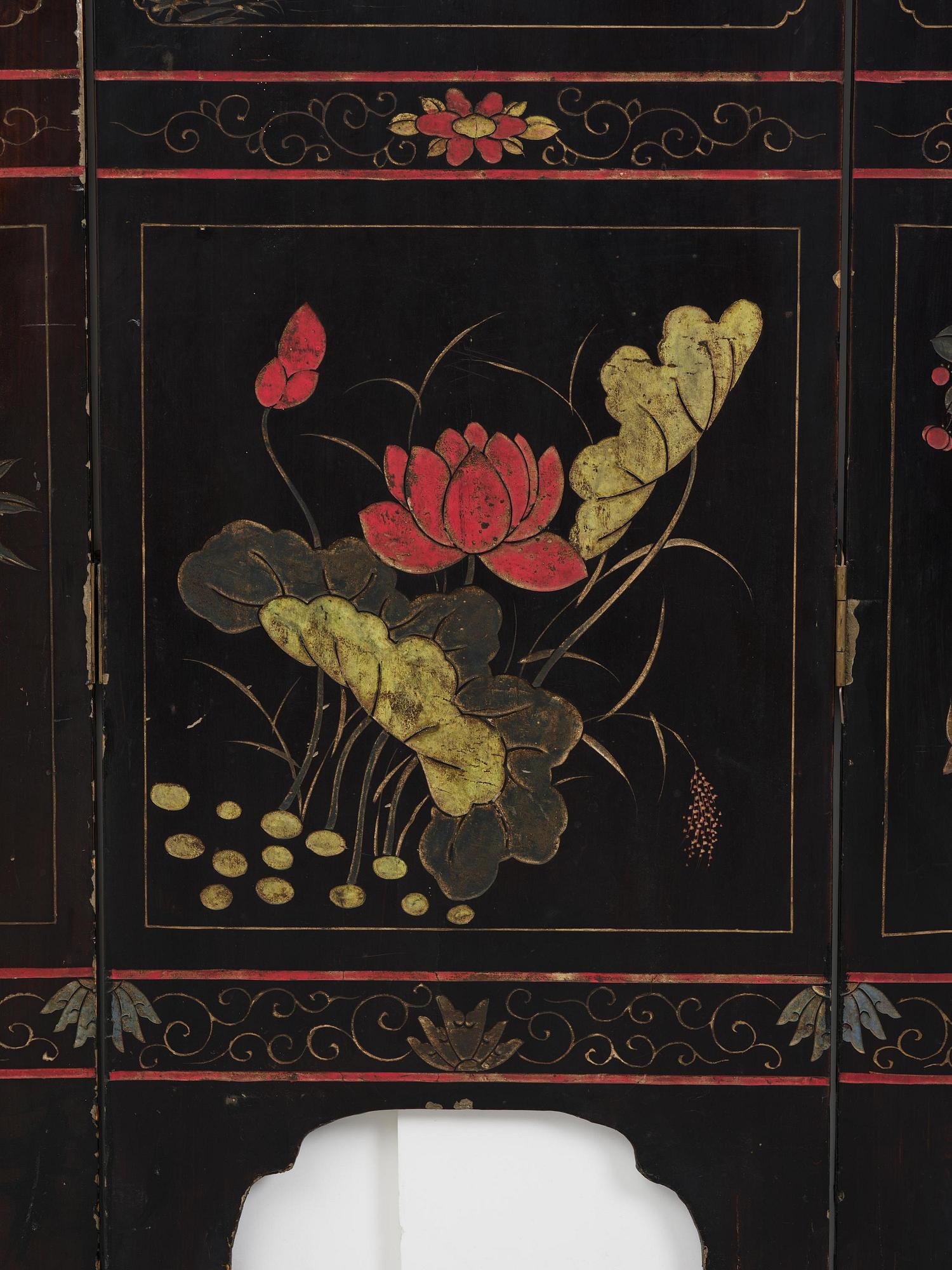 A Chinese four panel lacquer folding screen, first part of the 20th century.