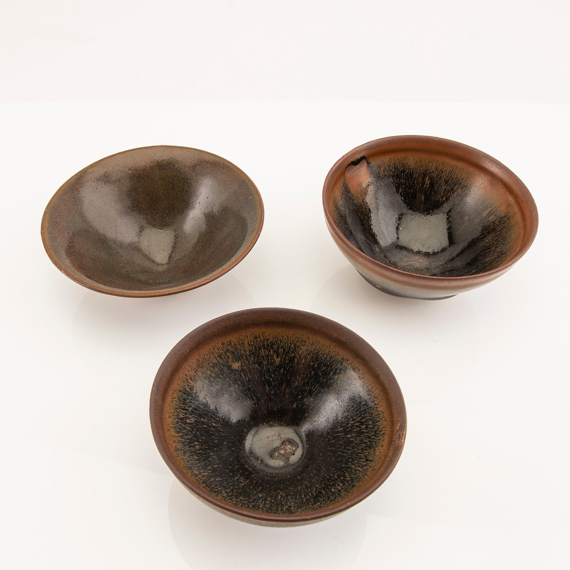 Bowls 3 pcs temmoku, Song Dynasty (960-1279) stoneware.