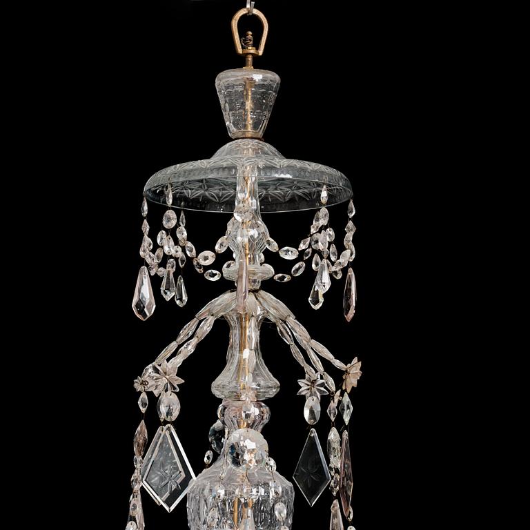 An Irish George III cut glass eight light chandelier, later part of the 18th century.